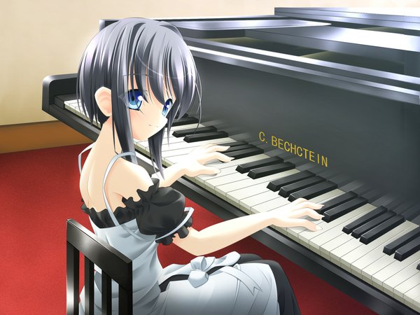 Anime picture 1024x768 with argenteumastrum single short hair blue eyes black hair sitting looking back girl dress piano