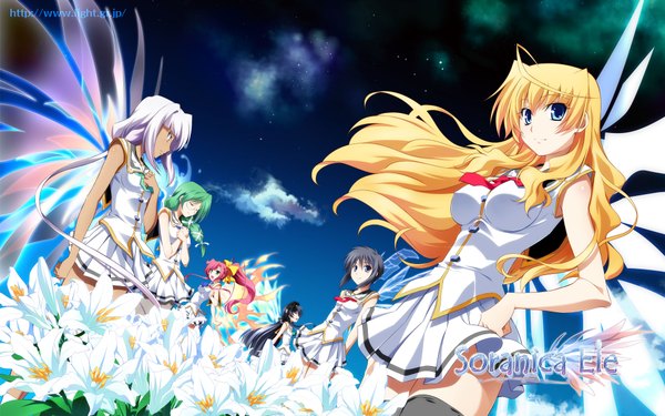 Anime picture 1920x1200 with soranica ele (game) ophelia uriela diefenbaker akuseruroddo zenobia patelliere kaguya sayado saya hayasaka naki yamamura honoka izumi mahiru highres blue eyes black hair blonde hair wide image multiple girls sky purple hair red hair green hair dark skin 6+ girls