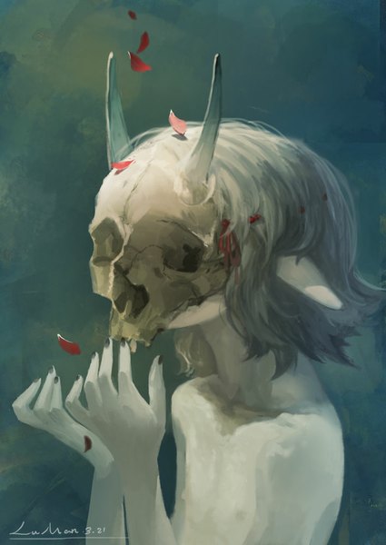 Anime picture 709x1000 with original luman single tall image short hair simple background blonde hair signed nipples nail polish horn (horns) topless shirtless boy petals mask skull