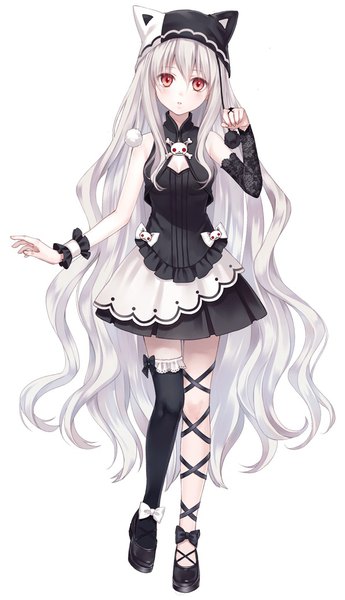 Anime picture 597x1036 with omega quintet aria (omega quintet) fukahire (ruinon) single tall image blush fringe open mouth hair between eyes red eyes standing full body white hair very long hair official art :o girl thighhighs dress bow