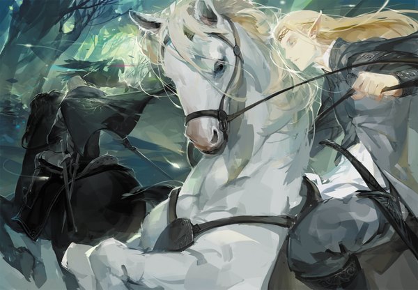 Anime picture 2000x1389 with lord of the rings the hobbit legolas rained (artist) long hair highres blonde hair holding looking away pointy ears from behind elf dual wielding riding boy animal tree (trees) cape sheath forest