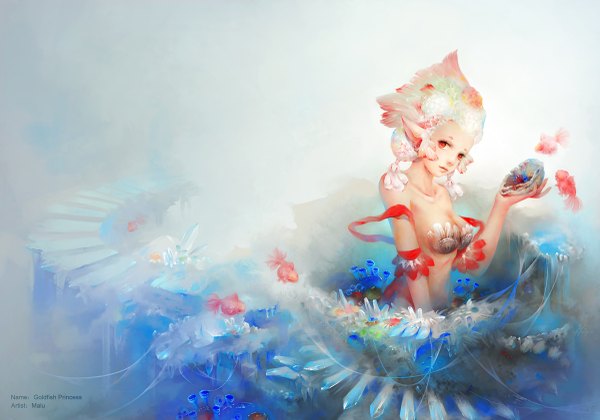 Anime picture 1200x841 with original malu single red eyes pointy ears girl fish (fishes) crystal seashell