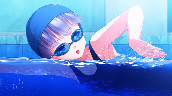 Anime picture 1280x720 with ichiban janakya dame desu ka? (game) single open mouth blue eyes wide image blue hair game cg girl swimsuit goggles swim cap