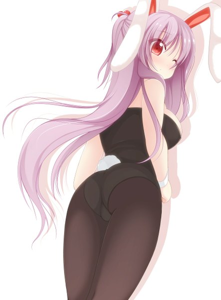 Anime picture 901x1220 with touhou reisen udongein inaba chimunge single long hair tall image blush light erotic simple background red eyes white background animal ears purple hair tail animal tail one eye closed wink bunny ears bunny girl bunny tail