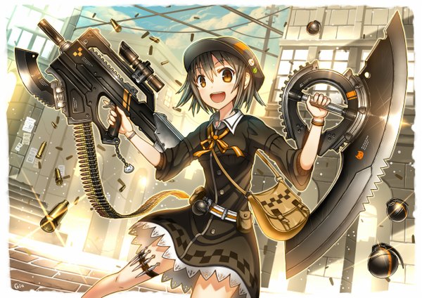 Anime picture 1300x919 with original gia single looking at viewer short hair open mouth black hair brown eyes lens flare casing ejection girl dress weapon gun bag flat cap cartridge shell casing grenade