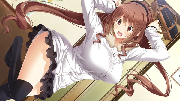 Anime picture 1280x720 with kiss bell giga kajiya ayano mikoto akemi single looking at viewer blush breasts open mouth brown hair wide image large breasts standing brown eyes game cg teeth surprised girl thighhighs skirt