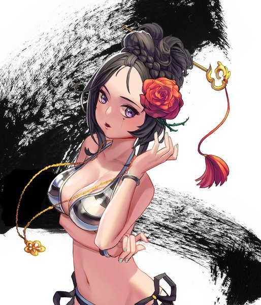 Anime picture 2376x2774 with blade & soul hyoin single long hair tall image looking at viewer highres breasts open mouth light erotic black hair large breasts purple eyes bare shoulders upper body braid (braids) nail polish hair flower lips bare belly