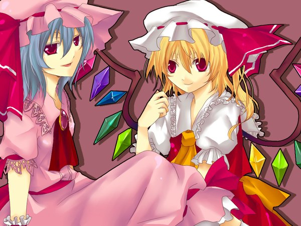 Anime picture 1024x768 with touhou flandre scarlet remilia scarlet short hair blonde hair blue hair ponytail girl ribbon (ribbons) hat wings muroto