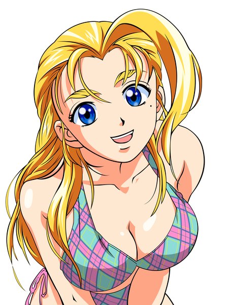 Anime picture 2234x3000 with history's strongest disciple kenichi fuurinji miu darkmeteorix (artist) single long hair tall image fringe highres open mouth blue eyes light erotic blonde hair smile white background mole mole under eye portrait eyebrows vector girl