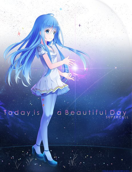 Anime picture 927x1200 with original byouru pazuru (hitsukuya) hitsukuya single long hair tall image blue eyes smile blue hair inscription light girl dress pantyhose star (stars)