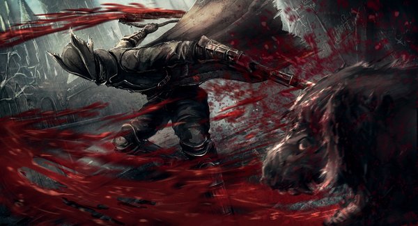 Anime picture 1842x998 with bloodborne from software hunter (bloodborne) missle228 single highres open mouth wide image standing holding outdoors wind black eyes blurry night teeth leaning leaning forward torn clothes spread arms