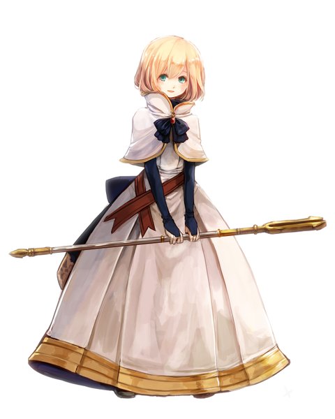 Anime picture 1200x1501 with original aka tonbo (lovetow) tall image looking at viewer blush short hair blue eyes blonde hair standing white background girl dress bow bowtie staff
