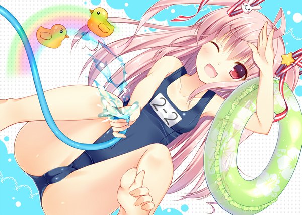 Anime picture 1121x800 with original bekotarou single long hair blush open mouth light erotic red eyes pink hair one eye closed wink legs girl ribbon (ribbons) swimsuit hair ribbon one-piece swimsuit school swimsuit