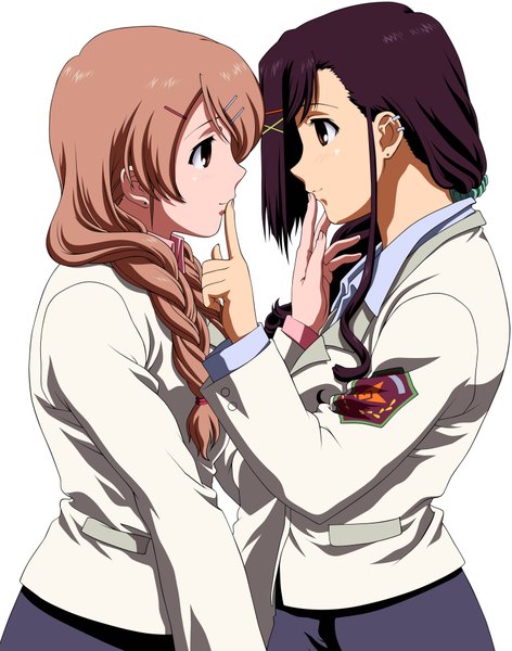 Anime picture 3146x4000 with candy boy sakurai kanade sakurai yukino tall image highres simple background white background multiple girls brown eyes absurdres purple hair braid (braids) twin braids piercing holding hands finger to mouth shoujo ai face to face girl uniform
