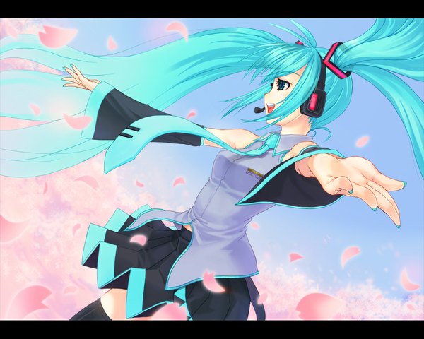 Anime picture 1000x800 with vocaloid hatsune miku mishima yoshikatsu single open mouth blue eyes twintails very long hair aqua hair spread arms girl thighhighs skirt black thighhighs detached sleeves miniskirt petals