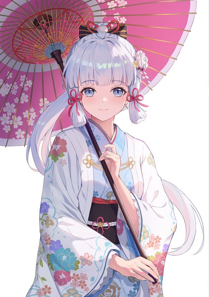 Anime picture 1468x2088 with genshin impact kamisato ayaka hokori sakuni single long hair tall image looking at viewer fringe blue eyes simple background smile white background silver hair ponytail blunt bangs traditional clothes japanese clothes mole mole under eye floral print
