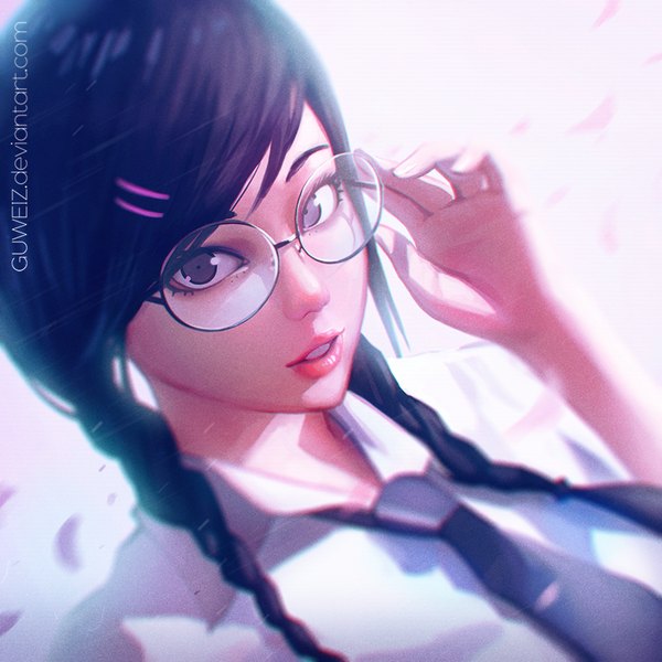 Anime picture 900x900 with guweiz single long hair looking at viewer open mouth black hair purple eyes signed braid (braids) lips sunlight teeth twin braids adjusting glasses ilya kuvshinov (style) girl hair ornament petals glasses necktie