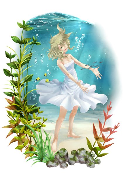 Anime picture 1293x1828 with original sakuryuugai (artist) single tall image short hair open mouth blonde hair bare shoulders green eyes barefoot underwater girl dress plant (plants) bubble (bubbles) fish (fishes) stone (stones) algae