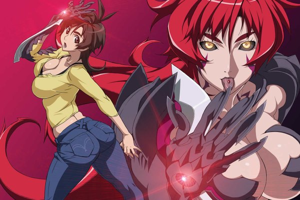 Anime picture 1350x900 with witchblade megami magazine amaha masane uno makoto long hair looking at viewer fringe breasts open mouth light erotic hair between eyes large breasts multiple girls brown eyes yellow eyes red hair official art piercing dual persona logo