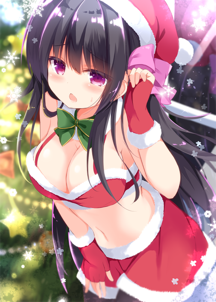 Anime picture 715x1000 with original kujou danbo single long hair tall image blush breasts open mouth light erotic black hair large breasts purple eyes looking away cleavage leaning leaning forward fur trim adjusting hair christmas sweatdrop