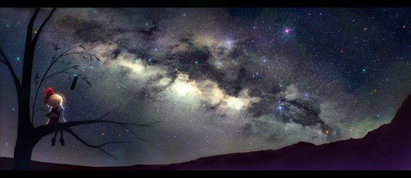 Anime picture 1864x810 with touhou rumia isami-san single highres short hair blonde hair wide image sitting night night sky back letterboxed mountain scenic girl plant (plants) tree (trees) shoes star (stars)