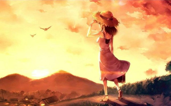Anime picture 1050x648 with original sunakumo single brown hair wide image sky cloud (clouds) from behind back evening sunset mountain scenic girl dress plant (plants) hat animal tree (trees) bird (birds)