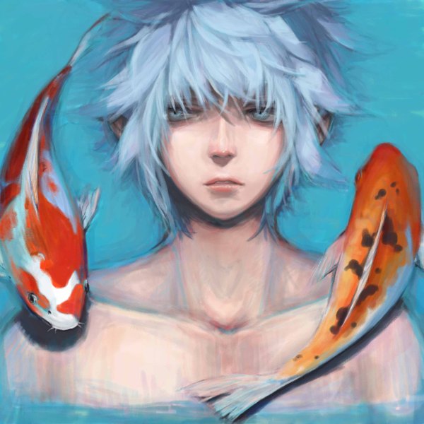 Anime picture 2480x2480 with original kumikuu single fringe highres short hair blue eyes blue hair topless boy water fish (fishes)