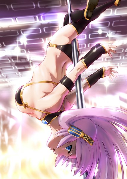 Anime picture 714x1000 with vocaloid megurine luka ueyama michirou single long hair tall image fringe breasts blue eyes light erotic pink hair alternate costume upside down pole dancing striptease girl underwear boots headphones thigh boots