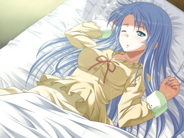 Anime picture 1600x1200 with fuyu no rondo victoria lumiaula yasuyuki long hair blue eyes blue hair game cg lying one eye closed wink girl pajamas