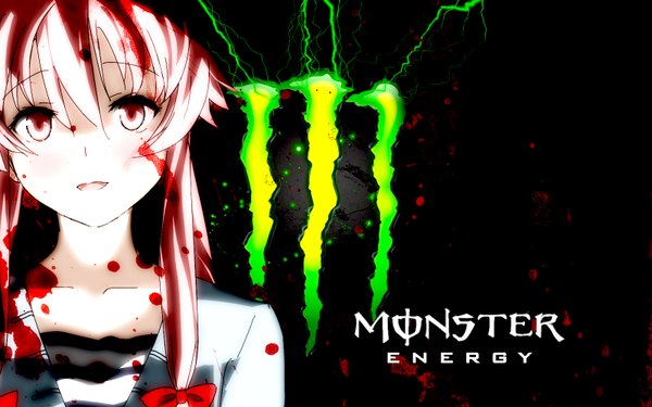 Anime picture 1600x1000 with mirai nikki gasai yuno long hair looking at viewer fringe open mouth wide image pink hair pink eyes dark background girl bow hair bow blood