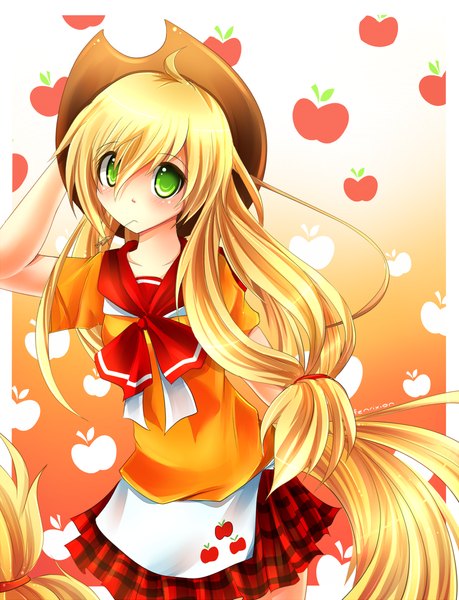 Anime picture 1100x1437 with my little pony applejack fenrixion single long hair tall image blush blonde hair green eyes animal tail pleated skirt mouth hold personification girl hat cowboy hat