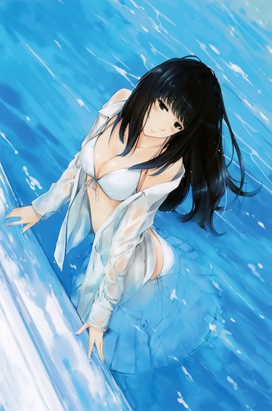 Anime picture 2652x4000 with kara no shoujo innocent grey kuchiki toko sugina miki single long hair tall image looking at viewer blush highres breasts light erotic black hair head tilt pleated skirt from above black eyes scan official art open shirt
