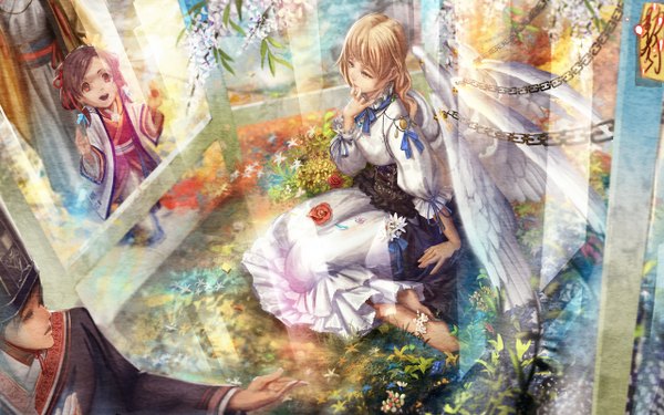Anime picture 2560x1600 with original liu (pixiv) long hair highres open mouth black hair red eyes brown hair sitting multiple girls brown eyes girl dress boy flower (flowers) 2 girls plant (plants) wings chain