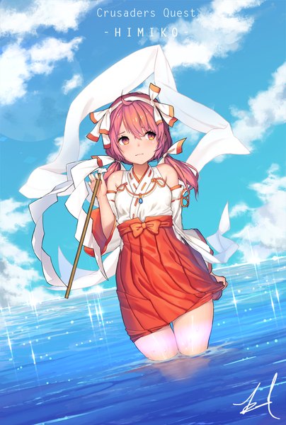 Anime picture 720x1067 with crusaders quest (game) himiko (crusaders quest) kuri choko single long hair tall image blush fringe hair between eyes standing twintails bare shoulders holding signed looking away pink hair sky cloud (clouds) ahoge long sleeves
