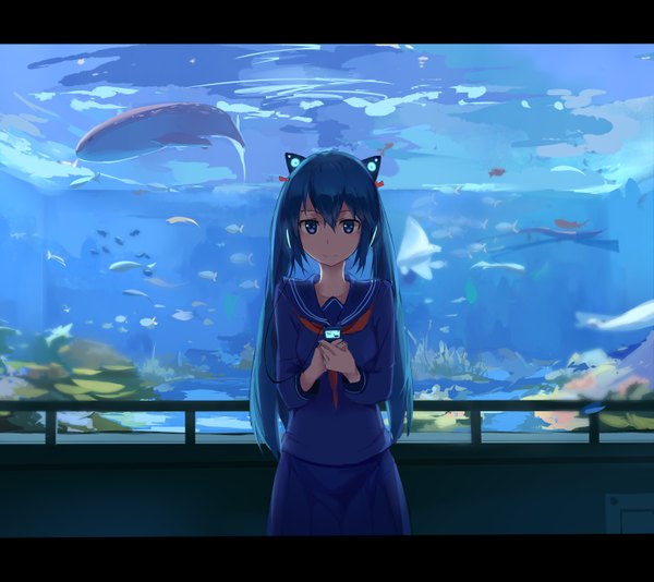 Anime picture 2970x2644 with vocaloid hatsune miku huanxiang heitu single long hair looking at viewer highres blue eyes twintails blue hair letterboxed girl skirt uniform hair ornament animal serafuku fish (fishes) digital media player aquarium