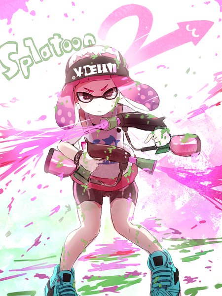 Anime picture 1200x1600 with splatoon splatoon 2 nintendo inkling mazeru (jisjifin) single tall image looking at viewer pink hair black eyes copyright name serious tentacle hair girl weapon shoes shorts mask sneakers baseball cap