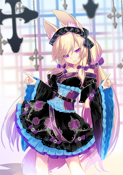 Anime picture 566x800 with original nyori single long hair tall image looking at viewer blonde hair standing purple eyes twintails bare shoulders animal ears payot tail head tilt animal tail light smile wide sleeves fox ears low twintails