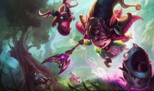 Anime picture 1215x717 with league of legends lulu (league of legends) long hair open mouth wide image yellow eyes purple hair magic drill hair plant (plants) hat tree (trees) bell grass witch hat staff forest dragon monster
