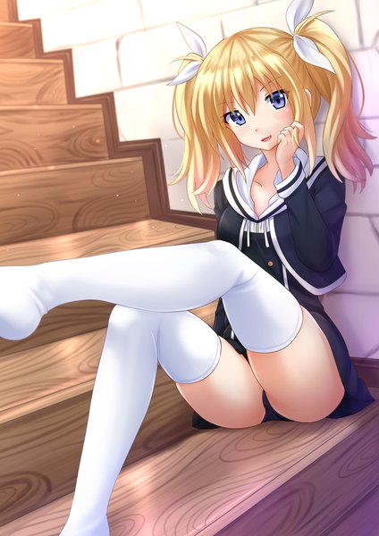 Anime picture 1200x1697 with chaos;child arimura hinae kazenokaze single long hair tall image looking at viewer blush fringe open mouth blue eyes light erotic sitting twintails head tilt pantyshot pantyshot sitting girl thighhighs uniform