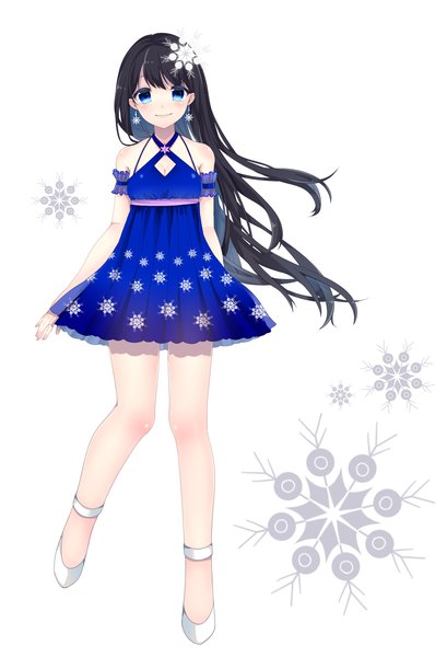 Anime picture 1706x2500 with original sekkisei setsuko shiika yuno single long hair tall image looking at viewer blush highres blue eyes black hair simple background smile white background bare shoulders full body bare legs snowflake print girl