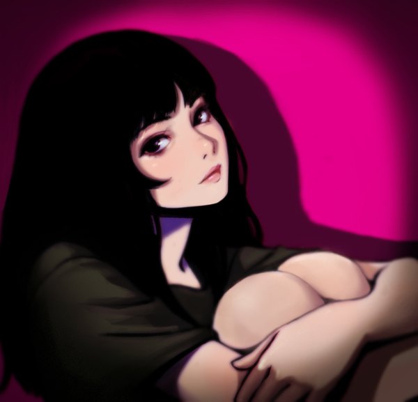 Anime picture 1280x1231 with original jungon single long hair looking at viewer fringe black hair simple background bent knee (knees) blunt bangs light smile lips black eyes lipstick pink background pink lipstick leg hug ilya kuvshinov (style) girl t-shirt