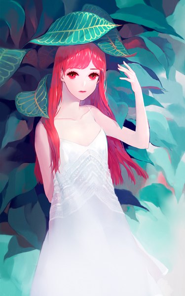 Anime picture 1451x2322 with original heather37 single long hair tall image looking at viewer fringe red eyes standing bare shoulders upper body red hair arm behind back girl plant (plants) leaf (leaves) sundress