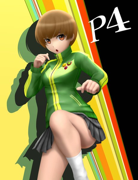 Anime picture 1000x1300 with persona 4 persona satonaka chie siraha single tall image short hair open mouth brown hair brown eyes 3d girl skirt miniskirt socks white socks
