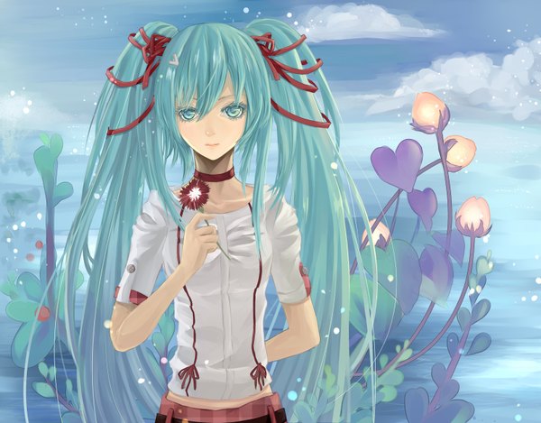 Anime picture 1610x1260 with vocaloid hatsune miku fre single long hair looking at viewer twintails very long hair aqua eyes aqua hair girl flower (flowers) ribbon (ribbons) hair ribbon choker