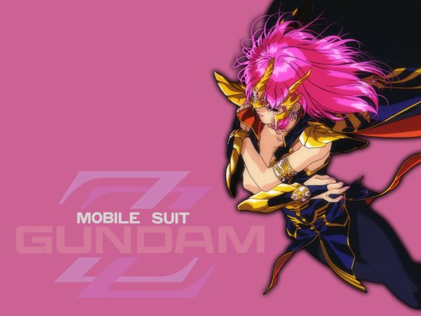 Anime picture 1024x768 with mobile suit gundam gundam zz sunrise (studio) haman karn long hair simple background pink hair eyes closed inscription wallpaper crossed arms pink background girl hair ornament bracelet armor jewelry cloak