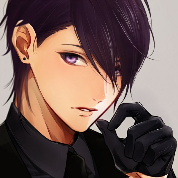Anime picture 800x800 with lucky dog giulio di bondone komichi96 single looking at viewer fringe short hair simple background purple eyes purple hair parted lips head tilt lips hair over one eye piercing finger to mouth portrait eyebrows face boy