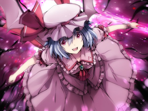Anime picture 1024x768 with touhou remilia scarlet 6u (eternal land) single fringe short hair open mouth hair between eyes red eyes blue hair from above girl skirt hat wings bonnet skirt set ascot