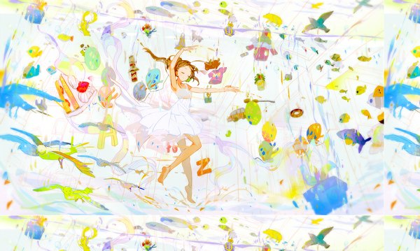 Anime picture 1167x700 with original neyagi long hair brown hair wide image eyes closed barefoot bare legs girl dress animal sweets bird (birds) sundress fish (fishes) cake box paint