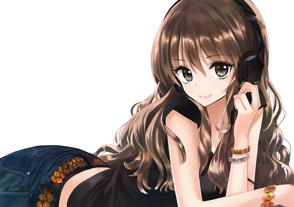 Anime picture 1500x1061 with original tsukigami luna single long hair looking at viewer brown hair brown eyes lying head tilt light smile on back transparent background arched back girl bracelet belt headphones t-shirt wire (wires) jeans