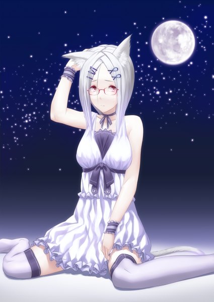 Anime picture 1000x1412 with original ac (eshi) single long hair tall image red eyes animal ears white hair girl thighhighs white thighhighs glasses frills moon sundress